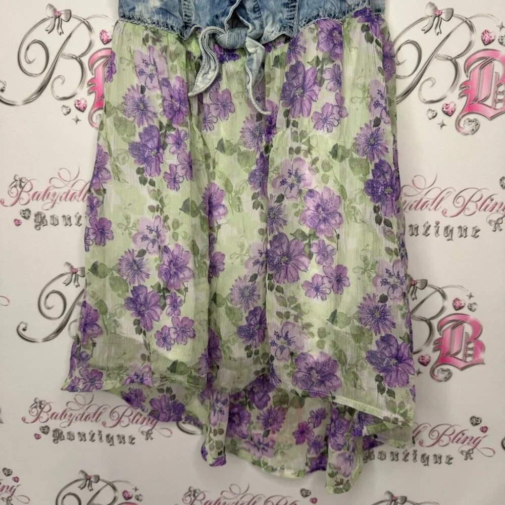 Guess dress high low denim look vest button up with floral skirt attached y2k